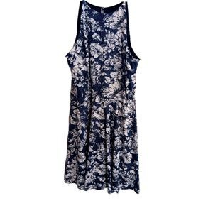 Fortune & Ivy Blue & White  Foral Midi Dress Sz L Spaghetti Straps Stretch Waist